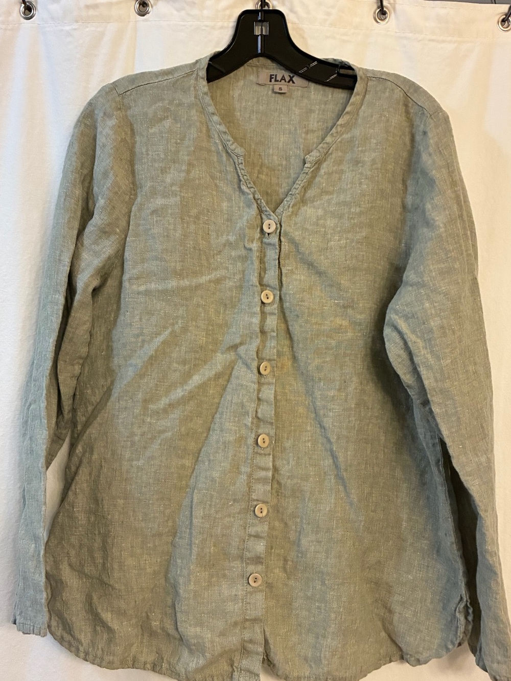 Flax 100% Linen LS Buttondown, No Collar V Neck. 6 Buttons front.Loose Sleeves.